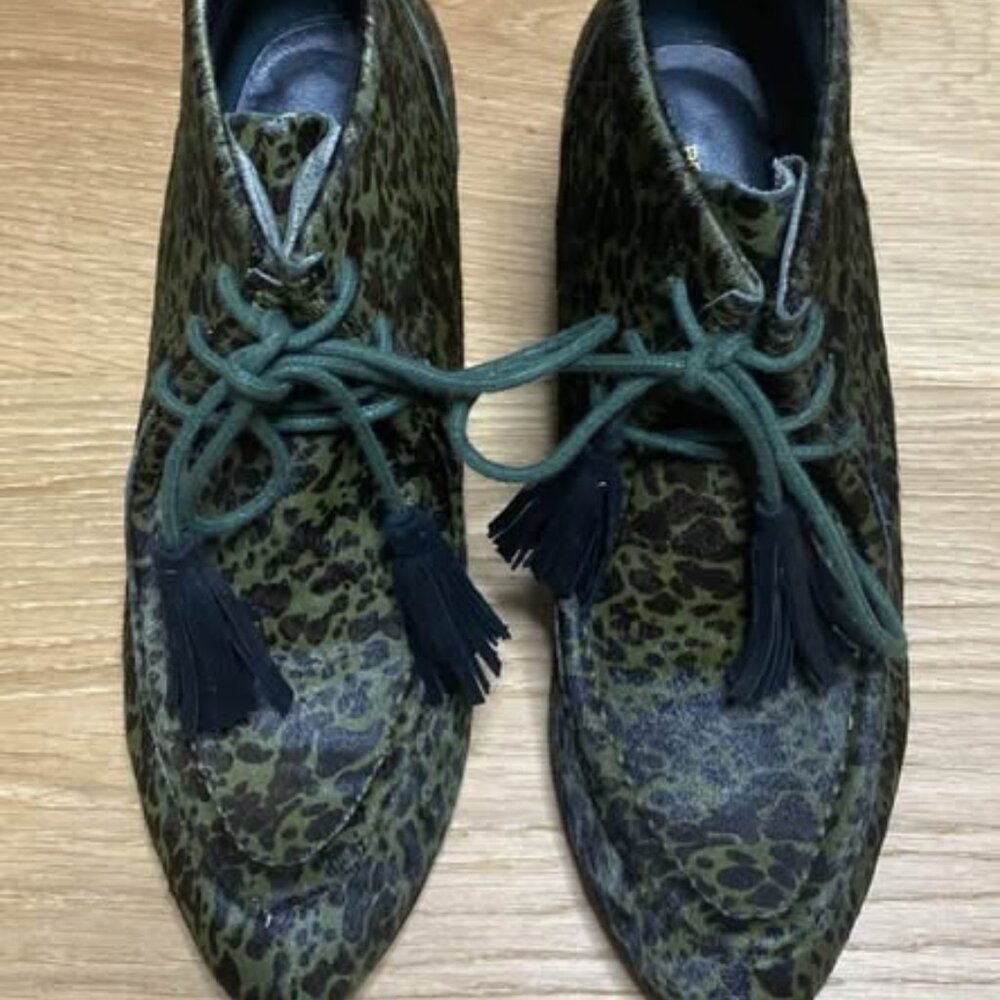 Rebecca Minkoff Mia Army Green Calf Hair Leopard Wedge Booties Size 9.5